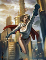 Rule 34 | 10s, 1girl, 2013, alien, blonde hair, blue eyes, blue footwear, blue gloves, breasts, building, cape, city, cleavage, cleavage cutout, clothing cutout, cloud, dc comics, explosion, female focus, flying, gloves, highres, jophiel ray saura, kryptonian, large breasts, leotard, power girl, red cape, shoes, sky, spacecraft, traffic light