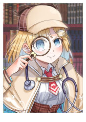 Rule 34 | 1girl, blonde hair, blue eyes, blush, brown capelet, brown headwear, brown skirt, cabbie hat, capelet, collared shirt, cropped torso, detective, hair ornament, hat, holding, holding magnifying glass, hololive, hololive english, library, light blush, looking at viewer, magnifying glass, necktie, plaid, plaid skirt, red necktie, shirt, short hair, skirt, smile, stethoscope, virtual youtuber, wanqin art, watermark, watson amelia, white shirt
