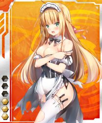 Rule 34 | 1girl, apron, bare shoulders, blonde hair, blush, bow, bowtie, braid, breasts, card (hr), card (medium), card (orange-hr), cleavage, covering privates, covering breasts, dress, female focus, garter straps, green eyes, knife, long hair, looking at viewer, maid, maid headdress, medium breasts, nina muratore, open mouth, sakuranbo, simple background, solo, taimanin (series), taimanin asagi battle arena all card gallery, taimanin asagi kessen arena, thighhighs, thighs, torn clothes, torn dress, torn thighhighs, waist apron, weapon, white background, white thighhighs