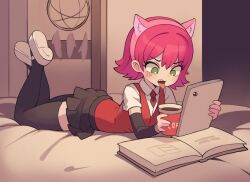 Rule 34 | 1girl, animal ears, annie (league of legends), bear ears, bed sheet, black skirt, black thighhighs, book, child, commission, cup, detached sleeves, fang, female focus, full body, green eyes, hairband, holding, holding cup, holding tablet pc, league of legends, lying, mary janes, on stomach, open mouth, pink hair, pink hairband, pleated skirt, qtkat, red vest, shirt, shoe soles, shoes, short sleeves, skirt, solo, tablet pc, teeth, the pose, thighhighs, tongue, tongue out, upper teeth only, vest, white footwear, white shirt, zettai ryouiki
