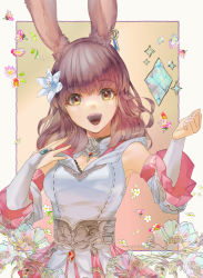 Rule 34 | 1girl, amaretteco, animal ears, bare shoulders, belt, breasts, brown hair, clenched hand, collarbone, commission, crystal, detached sleeves, earrings, final fantasy, final fantasy xiv, floral background, flower, hair flower, hair ornament, highres, jewelry, lily (flower), long hair, looking at viewer, open mouth, rabbit girl, robe, sleeveless, smile, solo, viera, warrior of light (ff14), white flower, white mage (final fantasy), white robe, yellow eyes