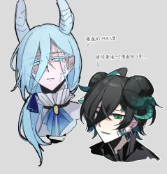 Rule 34 | 2boys, ainchase ishmael, black hair, black shirt, blue eyes, blue hair, blue ribbon, blue scales, brooch, chinese text, colored tongue, cowlick, cropped shoulders, curled horns, diamond-shaped pupils, diamond (shape), dragon boy, dragon horns, dual persona, elsword, fang, frilled shirt collar, frills, furrowed brow, green eyes, green hair, green scales, grey background, hair between eyes, hair over shoulder, highres, horns, jewelry, long bangs, long hair, looking at viewer, low ponytail, male focus, monsterification, multicolored hair, multiple boys, neck ribbon, opferung (elsword), parted lips, purple tongue, ribbon, richter (elsword), shirt, short hair, simple background, skin fang, slit pupils, streaked hair, symbol-shaped pupils, virtual-ocean, white shirt