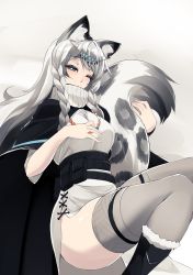 Rule 34 | 1girl, animal ears, animal print, arknights, belt, black footwear, blue eyes, boots, braid, commentary, closed eyes, fur-trimmed boots, fur trim, grey background, grey hair, grey thighhighs, half-closed eye, highres, jewelry, knee boots, leopard ears, leopard print, leopard tail, long hair, looking at viewer, necklace, pramanix (arknights), simple background, solo, sub-res, tail, thighhighs, twin braids, utility belt