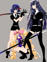Rule 34 | 10s, 3girls, alternate costume, black hair, blonde hair, boots, bow, chappa (kaetodo), drill hair, elbow gloves, eyepatch, formal, gloves, grey background, hair bow, harime nui, head rest, high heel boots, high heels, houseki no kuni, kill la kill, kiryuuin satsuki, long hair, matoi ryuuko, multiple girls, necktie, pink bow, ribbon, short hair, shorts, siblings, sisters, sparkle, suit, sword, thigh boots, thighhighs, tongue, tongue out, twin drills, twintails, weapon