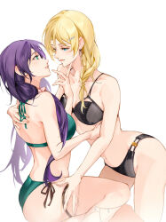 2girls ayase_eli bare_arms bikini black_bikini blonde_hair blue_eyes blush braid closed_mouth commentary_request earrings finger_to_another&#039;s_face green_bikini green_eyes hand_on_another&#039;s_back hand_on_another&#039;s_thigh highres jewelry k.jhitsugi long_hair love_live! love_live!_school_idol_project multiple_girls navel parted_lips purple_hair simple_background single_braid smile swimsuit thigh_strap tojo_nozomi white_background yuri