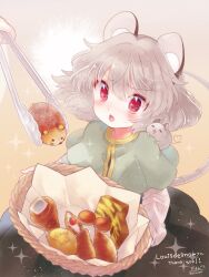 Rule 34 | 1girl, absurdres, animal, animal ears, artist name, basket, biyon, black dress, blush, bread, capelet, commission, dress, food, grey capelet, grey hair, hair between eyes, highres, holding, holding basket, long sleeves, mouse (animal), mouse ears, mouse tail, nazrin, open mouth, red eyes, second-party source, short hair, signature, skeb commission, solo, tail, touhou, twitter username