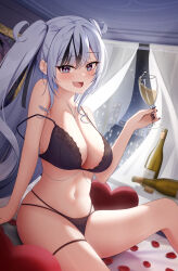 Rule 34 | 1girl, azur lane, black bra, black hair, black panties, bottle, bra, breasts, champagne flute, cup, drinking glass, elbe (azur lane), fang, heart, heart-shaped pillow, highres, holding, holding cup, lace, lace-trimmed bra, lace trim, large breasts, long hair, looking at viewer, multicolored hair, nail polish, night, open mouth, panties, petals, pillow, sitting, skin fang, skyline, smile, streaked hair, string panties, surisuririsu, thigh strap, twintails, underwear, underwear only, white hair, wine bottle