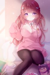 Rule 34 | 1girl, absurdres, blush, breasts, brown pantyhose, cleavage, closed mouth, fallen shadow, highres, indie virtual youtuber, large breasts, long hair, nina saotome, pantyhose, pink sweater, purple eyes, solo, stuffed toy, sweater, virtual youtuber