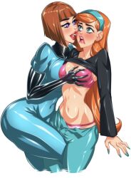 Rule 34 | 2girls, aqua bodysuit, black gloves, bob cut, bodysuit, breasts, brown hair, clothes lift, curvy, danny phantom, embarrassed, face-to-face, female pervert, fingernails, gloves, grabbing, grabbing another&#039;s breast, highres, jasmine fenton, large breasts, lips, long hair, looking at another, looking at viewer, maddie fenton, mother and daughter, multiple girls, omiiverse, open clothes, open shirt, panties, pervert, purple eyes, shiny clothes, shirt lift, short hair, small breasts, smile, standing, striped clothes, striped panties, thighs, underwear, undressing, yuri