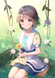 Rule 34 | 1girl, :o, b.ren, blunt bangs, blush, brown hair, commentary request, dress, floral print, flower, grass, highres, holding, holding flower, lens flare, looking at viewer, love live!, love live! nijigasaki high school idol club, nakasu kasumi, outdoors, parted lips, red eyes, shadow, short hair, short sleeves, sitting, solo, sunlight, swing, white flower, yellow flower