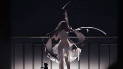 Rule 34 | 1girl, absurdres, animal, arm up, backless dress, backless outfit, backlighting, bare arms, bare legs, bare shoulders, black cat, black hair, cat, dress, facing away, feet out of frame, from behind, highres, kneepits, night, night sky, original, railing, reaching, reaching towards viewer, ribbon, see-through, shijiuqaq, shooting star, sky, solo, standing, star (sky), starry sky, white dress, white ribbon