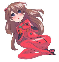 Rule 34 | 1girl, :o, ass, blue eyes, blush, bodysuit, brown hair, cameltoe, chimosaku, female focus, from above, full body, hand on another&#039;s chest, hands on own chest, latex, long hair, lying, neon genesis evangelion, no nose, open mouth, plugsuit, simple background, solo, souryuu asuka langley, white background