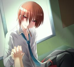 Rule 34 | 1boy, 1girl, brown hair, holding hands, hetero, little busters!, mouth hold, nashihako, natsume kyousuke, pocky, pov, red eyes, school uniform, short hair, solo focus, window