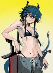 Rule 34 | 1girl, arknights, bare arms, black bra, black panties, blue hair, bra, breasts, ch&#039;en (arknights), collarbone, commentary, cowboy shot, dragon horns, dragon tail, english commentary, eyelashes, frown, gradient background, grey pants, gun, highres, holding, holding gun, holding weapon, horns, huge weapon, kissingbrig, long hair, looking at viewer, low twintails, navel, open mouth, panties, pants, partially undressed, red eyes, ribbon, sidelocks, simple background, small breasts, solo, sweat, sweatpants, sword, tail, teeth, twintails, underwear, waist ribbon, weapon, white ribbon, yellow background