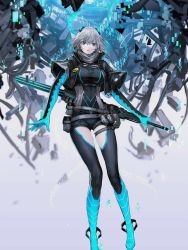Rule 34 | black jacket, blue eyes, blue footwear, highres, icey, icey (game), jacket, scarf, short shorts, shorts, smiley face, weapon, white hair