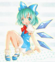 Rule 34 | 1girl, aqua eyes, aqua hair, bad id, bad pixiv id, cirno, dress, embodiment of scarlet devil, emo (artist), emo (mikan), fairy, female focus, full body, gradient background, ice, shoes, solo, touhou, white background, wings