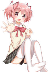 Rule 34 | 1girl, :d, bow, hair ribbon, hand up, highres, kaname madoka, looking at viewer, mahou shoujo madoka magica, mahou shoujo madoka magica (anime), mitakihara school uniform, no shoes, open mouth, pink eyes, pink hair, plaid, plaid skirt, reaching, reaching towards viewer, ribbon, school uniform, short hair, short twintails, simple background, sitting, skirt, smile, solo, thighhighs, twintails, white background, yunagi (yng hoti)