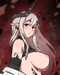 Rule 34 | 1girl, akairiot, arknights, bare shoulders, black collar, black sports bra, blush, breasts, cleavage, collar, commentary, demon horns, earrings, english commentary, hair ornament, highres, horns, infection monitor (arknights), jewelry, large breasts, long hair, looking at viewer, material growth, mudrock (arknights), mudrock (elite ii) (arknights), oripathy lesion (arknights), pointy ears, red eyes, solo, sports bra, sweat, sweatdrop, very long hair, white hair