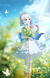 Rule 34 | 1girl, absurdres, ankle boots, ayaka (genshin impact), back bow, blue bow, blunt bangs, blunt tresses, boots, bouquet, bow, braid, brown footwear, bug, butterfly, butterfly hair ornament, collar, commentary, dress, feet out of frame, field, flower, flower field, genshin impact, hair flower, hair ornament, hat, hat ribbon, high collar, highres, holding, holding bouquet, insect, kamisato ayaka, kamisato ayaka (springbloom missive), long sleeves, midori (user jtzt8357), official alternate costume, official alternate hairstyle, pantyhose, puffy long sleeves, puffy sleeves, rapeseed blossoms, ribbon, solo, standing, white collar, white dress, white pantyhose, white ribbon
