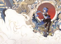 Rule 34 | 1girl, bare shoulders, bell, black gloves, blue hair, chinese knot, closed mouth, cloud, cover, cowbell, daniel deng, detached sleeves, flower, full body, ganyu (genshin impact), genshin impact, gloves, goat horns, hair between eyes, highres, holding, holding umbrella, horns, long hair, looking to the side, mountain, neck bell, oil-paper umbrella, shoes, solo, umbrella, white flower, white footwear