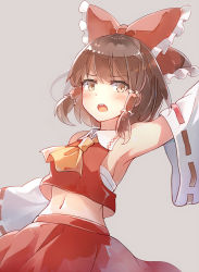 Rule 34 | 1girl, 60mai, arm up, armpits, ascot, bare shoulders, blush, bow, breasts, brown eyes, brown hair, commentary request, cowboy shot, crop top, detached sleeves, frilled bow, frills, grey background, hair bow, hair tubes, hakurei reimu, long sleeves, midriff, navel, open mouth, red bow, red skirt, ribbon-trimmed sleeves, ribbon trim, sarashi, short hair, sidelocks, simple background, skirt, skirt set, small breasts, solo, standing, stomach, touhou, wide sleeves, wing collar, yellow ascot