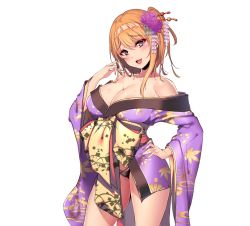 Rule 34 | 1girl, bare shoulders, black panties, blush, breasts, character request, cleavage, collarbone, commentary request, contrapposto, copyright request, cowboy shot, finger to cheek, floral print, flower, hair flower, hair ornament, hair stick, hand on own hip, hand up, head tilt, japanese clothes, kanzashi, kimono, large breasts, medium hair, off shoulder, one side up, open mouth, orange hair, panties, pink eyes, purple kimono, short kimono, simple background, solo, thighs, tongue, underwear, white background, wide sleeves, yutsuki tsuzuri, yuzuki tsuzuru