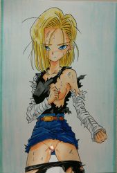 Rule 34 | 1girl, absurdres, android, android 18, ashigaki radar, belt, black shirt, black shorts, blonde hair, blue background, blue eyes, blue skirt, breasts, brown belt, censored, clothes lift, clothes pull, collarbone, denim, denim skirt, dragon ball, dragonball z, earrings, eyes visible through hair, highres, jewelry, long sleeves, looking at viewer, medium breasts, nipples, pussy, pussy juice, robot, shirt, short hair, shorts, shorts pull, skirt, skirt lift, standing, sweat, tank top, torn clothes, torn shirt, torn shorts, white shirt