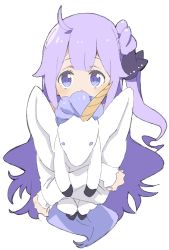 Rule 34 | 1girl, absurdres, ahoge, azur lane, bad id, bad twitter id, covered mouth, cropped torso, donguri suzume, dress, highres, long hair, long sleeves, looking at viewer, one side up, purple eyes, purple hair, simple background, solo, stuffed animal, stuffed toy, stuffed unicorn, stuffed winged unicorn, unicorn, unicorn (azur lane), very long hair, white background