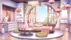 Rule 34 | architecture, artist name, blanket, branch, cherry blossoms, cloud, couch, cushion, day, drawer, east asian architecture, flower, fox mask, highres, indie virtual youtuber, indoors, kagura ura, lamp, lantern, mask, mirror, no humans, official art, open window, paper lantern, pink flower, plant, potted plant, round window, rug, scenery, shelf, shouji, sliding doors, stuffed fox, sugawa mako, table, tassel, themed object, torii, unworn mask, vase, vines, wall lamp, window, wooden floor