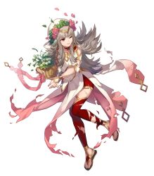 Rule 34 | 1girl, artist request, clenched teeth, fire emblem, fire emblem heroes, flower pot, full body, gold trim, gradient clothes, grey hair, hair ornament, highres, holding, jewelry, leg up, long hair, looking away, nintendo, official art, one eye closed, parted lips, pelvic curtain, petals, red hair, red thighhighs, sandals, solo, teeth, thighhighs, tiara, toes, torn clothes, transparent background, veronica (fire emblem), wide sleeves