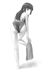 Rule 34 | 1girl, ass, barefoot, competition swimsuit, female focus, from behind, gokou ruri, greyscale, long hair, looking at viewer, looking back, monochrome, one-piece swimsuit, ore no imouto ga konna ni kawaii wake ga nai, skirt, solo, swimsuit, tk4, undressing