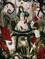 Rule 34 | 1girl, alice: madness returns, alice (alice in wonderland), alice in wonderland, alice liddell (american mcgee&#039;s alice), american mcgee&#039;s alice, bad id, blood, blue eyes, boots, bug, butterfly, card, cheshire cat (alice in wonderland), closed umbrella, dress, floating card, heart, highres, horseshoe, ikeda masateru, insect, jewelry, knife, lips, long hair, necklace, playing card, polearm, solo, spear, thigh boots, thighhighs, umbrella, weapon