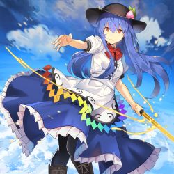 Rule 34 | 1girl, absurdres, black footwear, black headwear, black pantyhose, blouse, blue hair, blue skirt, blue sky, boots, bow, bowtie, breasts, center frills, cloud, commentary request, day, falken (yutozin), feet out of frame, food, frills, fruit, hair between eyes, highres, hinanawi tenshi, holding, holding sword, holding weapon, huge filesize, leaf, left-handed, long hair, looking at viewer, outdoors, pantyhose, parted lips, peach, puffy short sleeves, puffy sleeves, reaching, reaching towards viewer, red bow, red bowtie, red eyes, shirt, short sleeves, sidelocks, skirt, sky, small breasts, solo, sword, sword of hisou, touhou, weapon, white shirt
