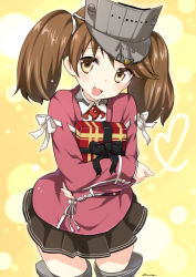 Rule 34 | 10s, 1girl, :d, absurdres, artist name, box, brown eyes, brown hair, gift, gift box, heart, highres, japanese clothes, kantai collection, kariginu, long hair, magatama, hugging object, open mouth, pleated skirt, revision, ryuki (ryukisukune), ryuujou (kancolle), signature, skirt, smile, solo, twintails, valentine, visor cap