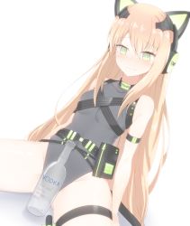 Rule 34 | 1girl, @ @, alcohol, animal ears, arm strap, arm support, bare shoulders, belt, black leotard, blush, bottle, bow, breasts, cat ears, cat tail, character name, clothes writing, commentary request, covered navel, dutch angle, fake animal ears, frown, girls&#039; frontline, gluteal fold, green bow, green eyes, headphones, highres, korean commentary, leaning back, leotard, long hair, nanju bami, nose blush, orange hair, simple background, sitting, small breasts, solo, tail, tail bow, tail ornament, thigh strap, tmp (girls&#039; frontline), transparent, very long hair, vodka, wavy mouth, white background