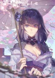 Rule 34 | 1girl, absurdres, blue sky, blunt bangs, branch, breasts, cherry blossoms, cleavage, closed mouth, falling petals, genshin impact, hair ornament, highres, holding, holding umbrella, japanese clothes, looking at viewer, medium breasts, mole, mole under eye, oil-paper umbrella, outdoors, petals, purple eyes, purple hair, raiden shogun, sky, solo, solo focus, standing, umbrella, xiaotongxuto
