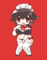 Rule 34 | 1girl, bikini, black bikini, black hair, bloom2425, breasts, commentary request, embarrassed, full body, hair flaps, hair ornament, hairclip, heart, heart-shaped pupils, jingei (kancolle), kantai collection, knees together feet apart, large breasts, long hair, looking at viewer, low ponytail, maid, maid bikini, maid headdress, open mouth, red background, red eyes, solo, swimsuit, symbol-shaped pupils, unconventional maid, wrist cuffs