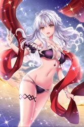 Rule 34 | 1girl, :d, bikini, breasts, caren hortensia, caren hortensia (amor caren), caren hortensia (angel heart), cleavage, cloud, cloudy sky, dutch angle, fate/grand order, fate (series), grey hair, groin, highres, kakiko210, light, long hair, looking at viewer, medium breasts, navel, night, night sky, ocean, open mouth, purple bikini, red scarf, scarf, sky, smile, solo, sparkle, star (sky), starry sky, swimsuit, twilight, wavy hair, yellow eyes