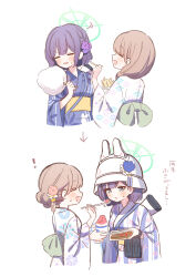 Rule 34 | 2girls, absurdres, alternate costume, blue archive, brown hair, closed eyes, feeding, female sensei (blue archive), green eyes, halo, highres, hyakucha, japanese clothes, kimono, long hair, medium hair, multiple girls, purple hair, saki (blue archive), sensei (blue archive), simple background, translation request, white background