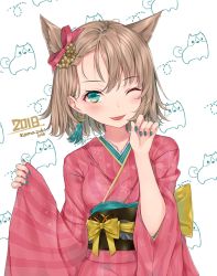 Rule 34 | 1girl, 2018, :p, back bow, bad id, bad pixiv id, black sash, blush, bow, brown hair, claw pose, green eyes, hair ornament, hair ribbon, hand up, hands up, japanese clothes, kimono, komazuki (komaworks240), long sleeves, looking at viewer, obi, one eye closed, original, pink kimono, red ribbon, ribbon, sash, short hair, signature, smile, solo, striped clothes, striped kimono, tongue, tongue out, upper body, vertical-striped clothes, vertical-striped kimono, wide sleeves, yellow bow