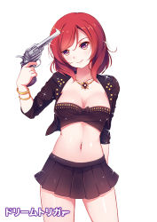 Rule 34 | 10s, 1girl, bandeau, bracelet, breasts, cleavage, collarbone, copyright name, derivative work, dream trigger, euforia, finger on trigger, gun, gun to head, head tilt, holding, holding gun, holding weapon, jewelry, looking at viewer, love live!, love live! school idol project, navel, nishikino maki, photo-referenced, pile (voice actor), purple eyes, red hair, short hair, simple background, skirt, solo, strapless, tube top, voice actor connection, weapon, white background