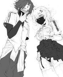 Rule 34 | 1boy, 1girl, alternate costume, blush, breasts, choker, clothes lift, facial mark, forehead mark, garter straps, genshin impact, greyscale, hair between eyes, hair ornament, highres, ia (ias1010), large breasts, layered skirt, long sleeves, lumine (genshin impact), mask, monochrome, mouth mask, panties, pants, pussy juice, short hair with long locks, simple background, sketch, skirt, skirt lift, sweat, thighhighs, underwear, white background, xiao (genshin impact)
