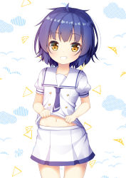 Rule 34 | 1girl, blue hair, clothes lift, commentary request, gochuumon wa usagi desu ka?, grin, jouga maya, lifting own clothes, looking at viewer, midriff peek, navel, necktie, shirt lift, short hair, simple background, skirt, smile, solo, white background, win opz, yellow eyes