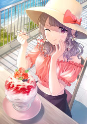 Rule 34 | 1girl, ;q, beach, black skirt, blueberry, blush, bra strap, brown hat, chair, commentary request, day, earrings, flower, food, fruit, glint, hand on own cheek, hand on own face, hat, highres, holding, holding spoon, jewelry, looking at viewer, medium hair, midriff, ocean, one eye closed, original, outdoors, pechi (peeechika), plate, puffy short sleeves, puffy sleeves, purple eyes, purple hair, railing, red shirt, rose, shaved ice, shirt, shore, short sleeves, sitting, skirt, solo, spoon, straw hat, table, tile floor, tiles, tongue, tongue out