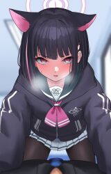 Rule 34 | 1boy, 1girl, animal ears, black hair, black jacket, black pantyhose, blue archive, blurry, blurry background, blush, bob cut, breath, cat ears, cat girl, colored inner hair, commentary request, extra ears, girl on top, green sailor collar, halo, heavy breathing, highres, hood, hood down, hooded jacket, indoors, jacket, kazusa (blue archive), long sleeves, looking at viewer, multicolored hair, neckerchief, nichijo, open mouth, pantyhose, pink hair, pink halo, pink neckerchief, pov, red eyes, sailor collar, short hair, solo focus, straight-on, streaked hair, two-tone hair, upturned eyes, v-shaped eyebrows