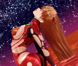 Rule 34 | 1girl, artist request, ass, blue eyes, bodysuit, breasts, brown hair, curvy, evangelion: 3.0+1.0 thrice upon a time, hair down, hair ornament, highres, interface headset, large breasts, lips, long hair, looking up, neon genesis evangelion, night, night sky, plugsuit, rebuild of evangelion, red bodysuit, seiiseiiseii, shiny clothes, simple background, skin tight, sky, solo, souryuu asuka langley, torn bodysuit, torn clothes, very long hair, wide hips
