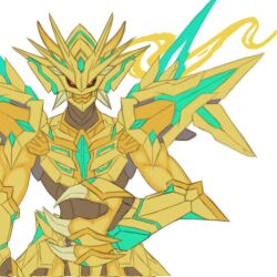 Rule 34 | armor, claws, digimon, digimon (creature), highres, looking at viewer, magnamon, magnamon x-antibody, magnamon x-antibody gold digizoid mode, red eyes, simple background, solo, white background