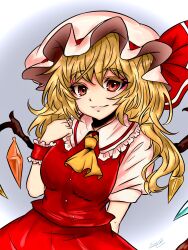 Rule 34 | 1girl, alternate breast size, arm behind back, ascot, blonde hair, breasts, buttons, closed mouth, collared shirt, cowboy shot, crystal, flandre scarlet, frilled shirt collar, frills, gradient background, grey background, hat, hat ribbon, highres, looking at viewer, medium breasts, medium hair, mob cap, multicolored wings, one side up, puffy short sleeves, puffy sleeves, red eyes, red ribbon, red skirt, red vest, ribbon, shiraniwa rin, shirt, short sleeves, skirt, skirt set, solo, touhou, vest, white hat, white shirt, wings, wrist cuffs, yellow ascot