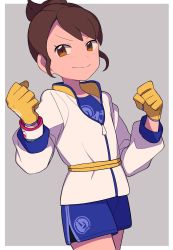 Rule 34 | 1girl, alternate color, belt, blue shirt, blue shorts, blush, border, brown eyes, brown hair, clenched hands, closed mouth, commentary request, cowboy shot, creatures (company), dynamax band, eyelashes, game freak, gloria (pokemon), gloves, grey background, half updo, hands up, highres, jacket, looking at viewer, nintendo, official alternate costume, pokemon, pokemon masters ex, shirt, short hair, shorts, smile, solo, tyako 089, white border, white jacket, yellow belt, yellow gloves, zipper pull tab