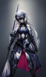 Rule 34 | 1girl, absurdres, armor, armored boots, armored dress, black gloves, black thighhighs, blood, blood on face, boots, breasts, chain, clothing cutout, collarbone, colored skin, elbow gloves, fate/grand order, fate (series), floating hair, fur trim, gloves, grey background, headpiece, highres, holding, holding sword, holding weapon, jeanne d&#039;arc (fate), jeanne d&#039;arc alter (avenger) (fate), jeanne d&#039;arc alter (avenger) (third ascension) (fate), jeanne d&#039;arc alter (fate), long hair, medium breasts, navel, navel cutout, petals, shaded face, silver hair, simple background, solo, standing, sword, thighhighs, torii vita asayoru, very long hair, weapon, white skin